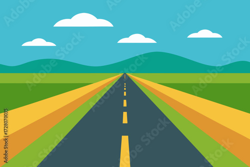 Flat design illustration of a straight asphalt road stretching to the horizon with green fields and mountains