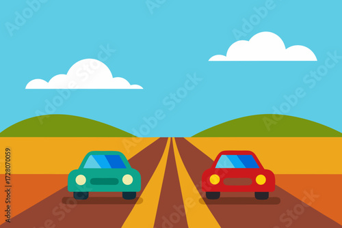 Two colorful cars driving on a road with hills and clouds in the background