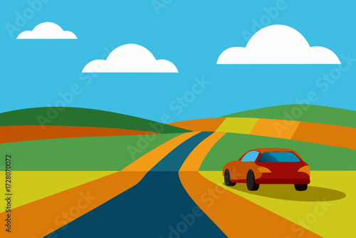 Orange car drives on a winding road through colorful rolling hills under a blue sky