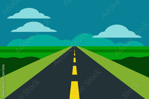 Open road stretching into the distance with green fields and clouds