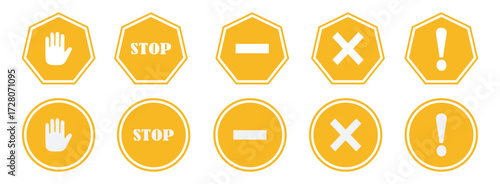 Set of Stop, No entry, cross Sign. Traffic Warning Symbol with Bold Text. High-quality vector illustration of a classic red stop sign.