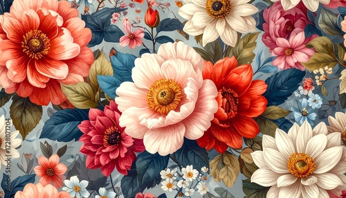 A vibrant floral pattern with various blooms