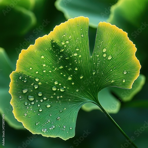 Close-up of a vibrant green ginkgo leaf with yellow edges covered in water droplets against a soft, blurred green background