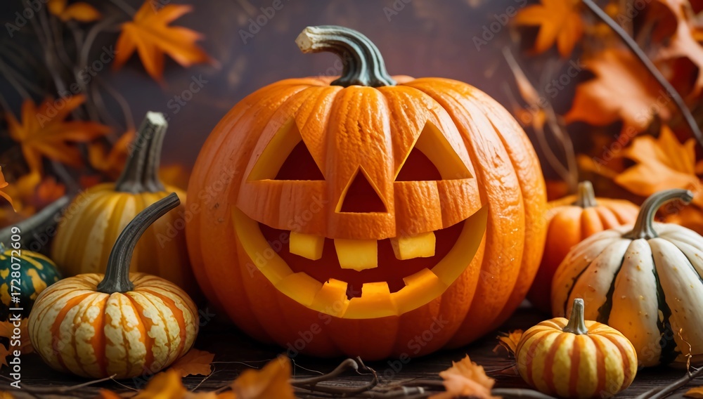 Fototapeta premium Glowing jack o lantern with smile 