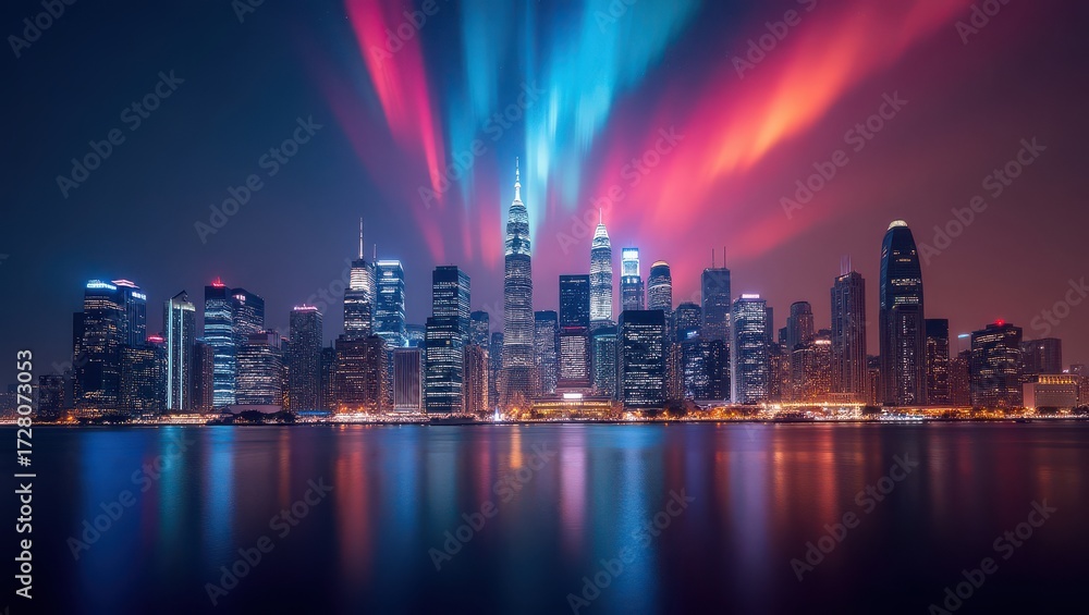 Fototapeta premium City of Lights Rising Beneath the Neon Aurora of Dreams