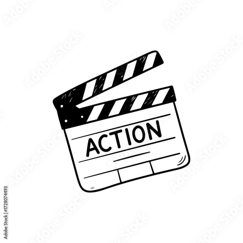 Hand drawn cinema clapperboard illustration with action text for movie design