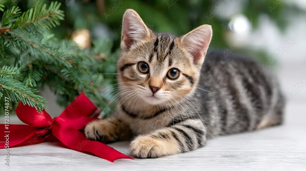 Fototapeta premium Tabby kitten observing christmas tree with red bow