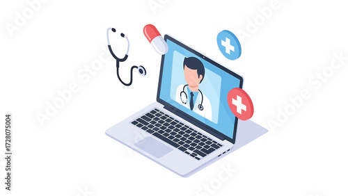 Isometric Telehealth Doctor Consultation vector Illustration on Laptop Screen, highlighting digital healthcare and online medical services.