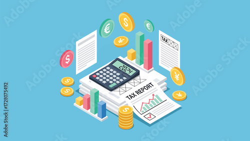 Modern Isometric Tax Report and Financial Analysis Concept vector Illustration with Calculator and Global Currencies