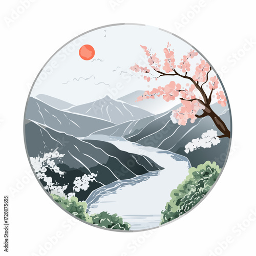 円形フレームと四季の風景の墨絵風ベクター素材