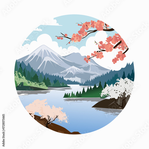 円形フレームと四季の風景の墨絵風ベクター素材