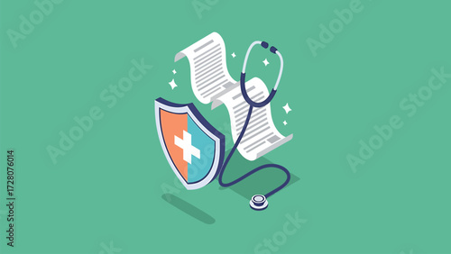 Isometric Health Insurance Protection vector Illustration with Stethoscope and Policy Documents on a Vibrant Green Background