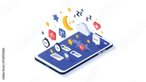 Isometric Sleep Tracking App Concept: Smart Bedtime Routine and Health Monitoring vector Illustration on Mobile Phone