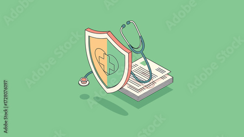 Isometric vector illustration of comprehensive healthcare protection with shield, stethoscope, and medical documents, symbolizing health insurance policy and wellness security.