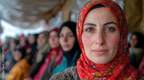 Portrait of woman wearing red headscarf with other women in background