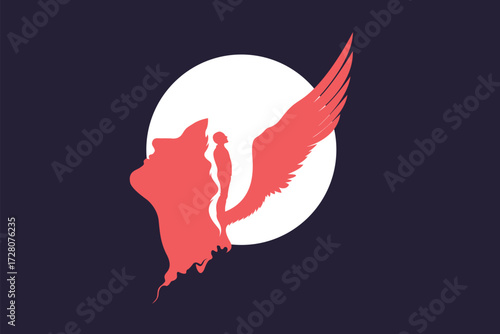 Child and Guardian Angel in Head Silhouette – Mind, Safety and Parenthood Concept Illustration