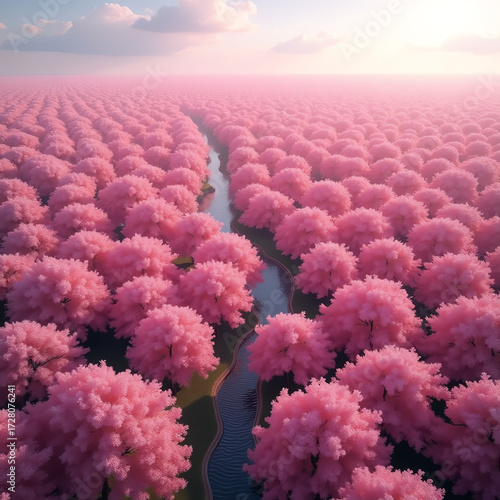 Vast pink blossom field with gentle stream, serene natural beauty, springtime landscape, dreamlike atmosphere, vibrant flora, picturesque scenery.