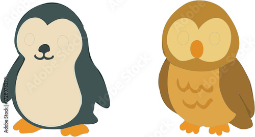 Two cute cartoon birds, a penguin and an owl, are shown side by side against a white background.