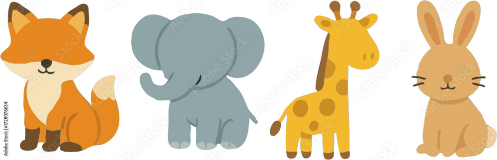 Obraz premium A charming collection of cute cartoon animals including a fox, elephant, giraffe, and rabbit, isolated on a white background.