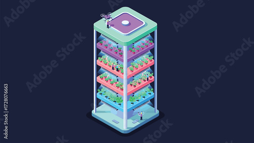 Sustainable Urban Vertical Farm Isometric Vector Illustration: High-Tech Agricultural Building with Automated Cultivation and Drone Monitoring