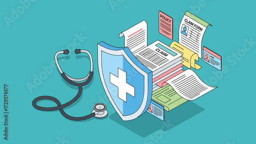 Dynamic Isometric Medical Insurance Concept vector with Policy, Claim Forms, Stethoscope, and Protective Shield on Teal Background