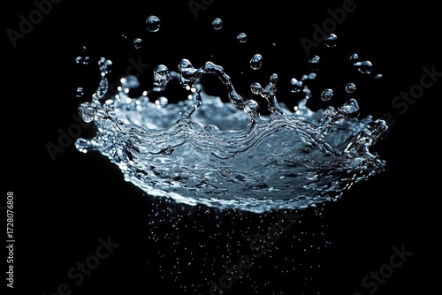High-speed photograph of a dynamic water splash with droplets suspended in air against a black background, capturing fluid motion and texture