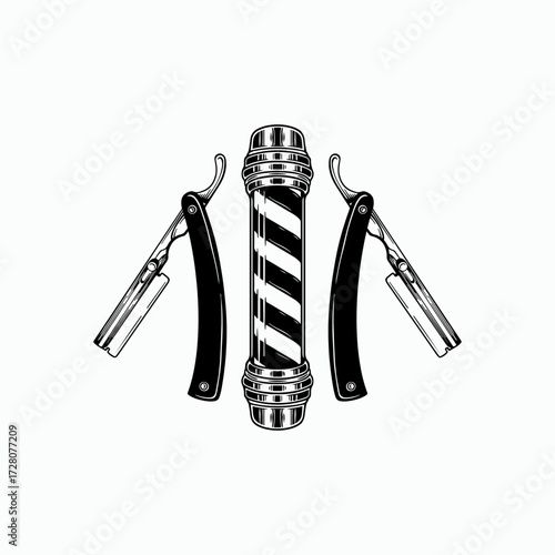 Classic barber pole and straight razors evoke vintage grooming style and professional barber shop artistry.