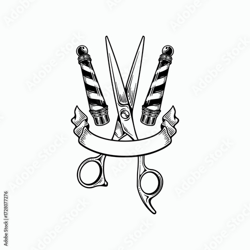 Classic barber pole and scissors emblem with blank banner for custom text, perfect for vintage salon branding and traditional grooming services