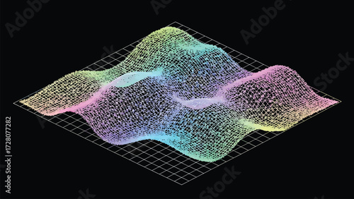 Dynamic Multicolored Vector Topographic Mesh Surface on Black Grid for Data Visualization