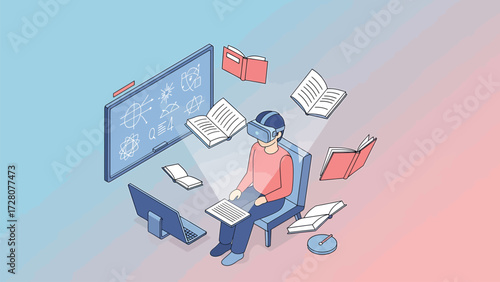 Immersive Virtual Reality Education Concept: Isometric vector illustration of a student learning with VR headset and floating digital books