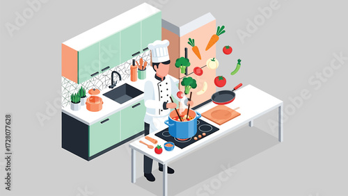 Isometric Vector Chef Cooking Healthy Gourmet Meal with Fresh Floating Vegetables in a Modern Kitchen Setting