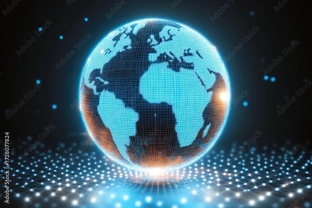 Fototapeta premium Digital glowing globe with a wireframe world map floating above a network grid emitting blue and orange light, futuristic technology concept
