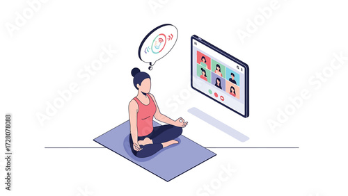 Mindful Remote Connection: Isometric vector illustration of a woman meditating with an online video call for digital wellness and work-life balance.
