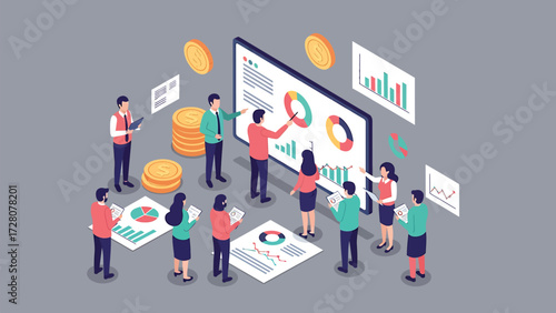 Isometric vector illustration of a diverse business team collaborating on data analysis and financial strategy, reviewing charts and growth metrics on a large screen.
