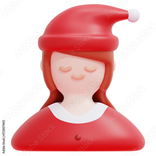 Charming 3D render of a woman with closed eyes wearing a festive red Santa Claus hat, an adorable Christmas holiday avatar icon on a clean background