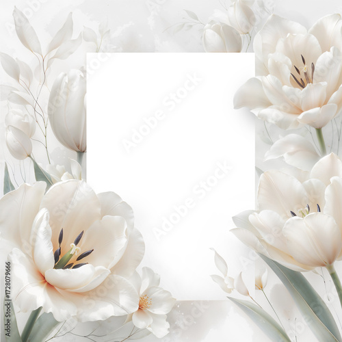 Minimalist floral composition with white tulips, soft leaves, and empty space for text. Perfect for wedding invitations, elegant greeting cards, posters, menus, business cards, gift certificates