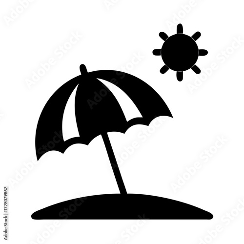 Beach umbrella with sun icon, black silhouette (Black Vector / Illustration Style)