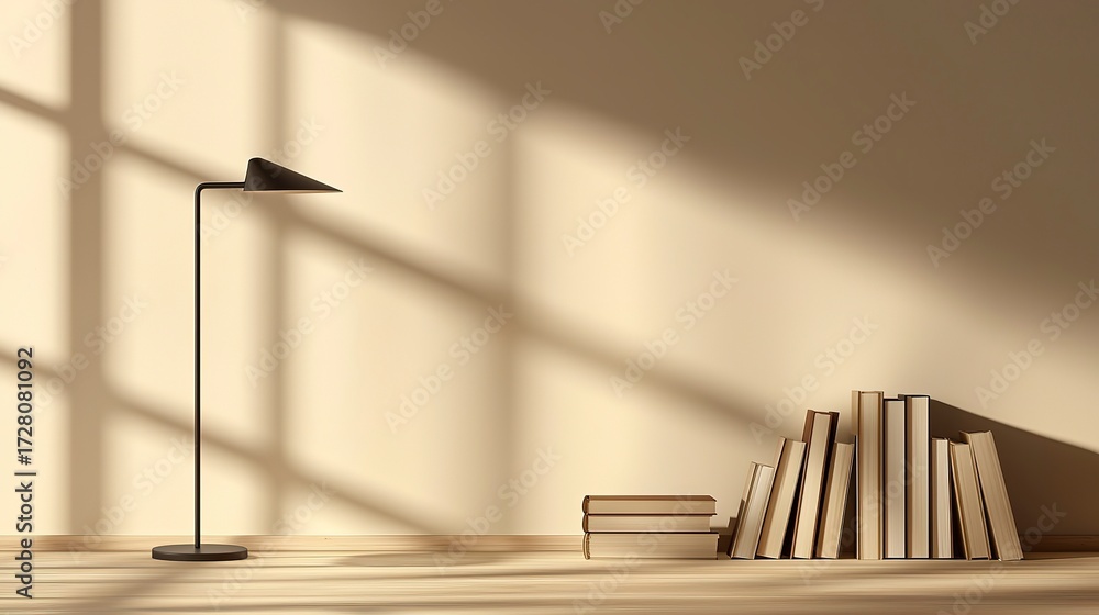 Obraz premium A modern minimalistic room featuring books and a floor lamp