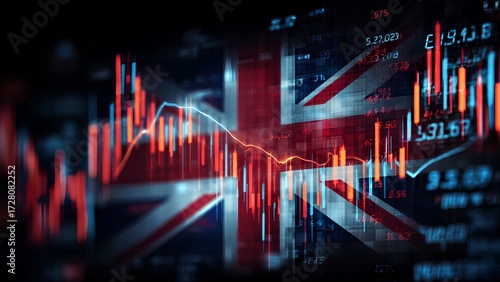 Creative illustration of the United Kingdom flag blended with stock market charts and candlestick graphs, symbolizing the British economy, finance, and investment trends. Perfect for economic analysis