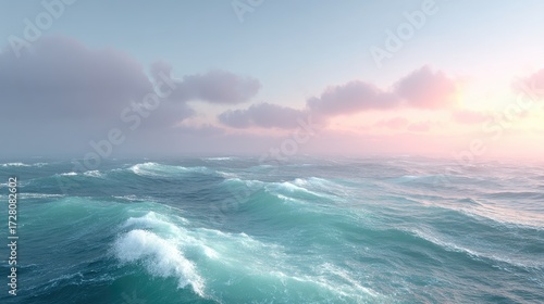 Ocean Waves Under Dramatic Sky With Pink and Blue Hues, Cinematic Lighting, Tense Mood, Sparkling Water Surface, Nature Landscape, Serene Coastal Scene