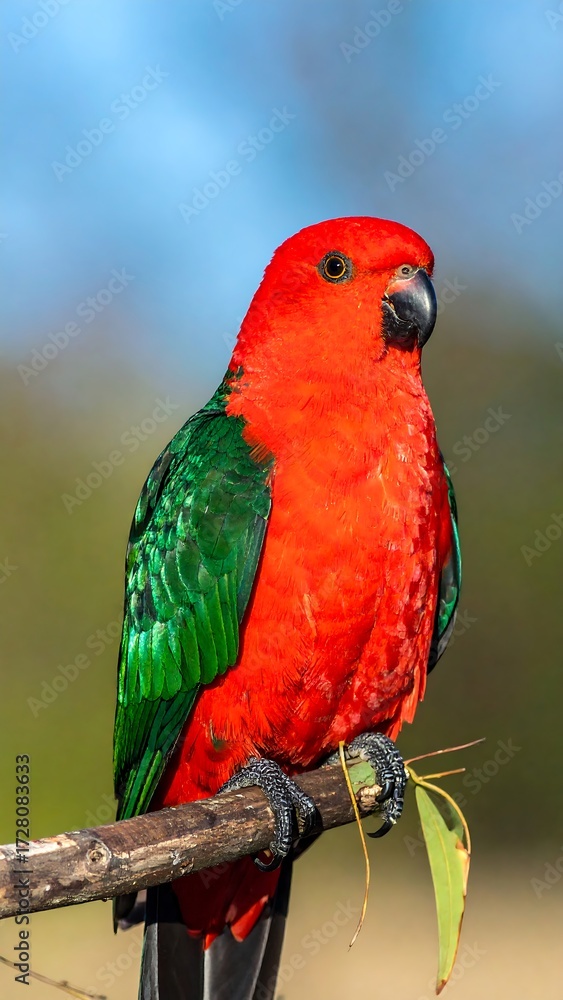 Naklejka premium A vibrant red and green parrot perched on a branch, set against a blurred natural background