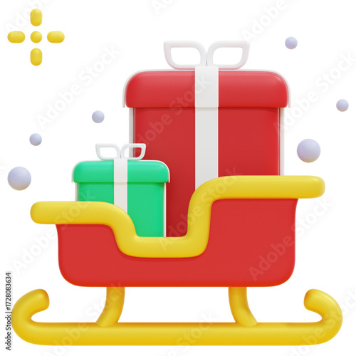 Festive 3D illustration of a classic red and yellow sleigh, abundantly filled with beautifully wrapped holiday presents, symbolizing seasonal joy and the spirit of generous gift-giving traditions