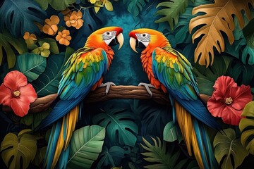 Crédence de cuisine  Two colorful parrots perched on a branch surrounded by lush tropical leaves and vibrant flowers, creating a vivid and lively jungle scene  © video