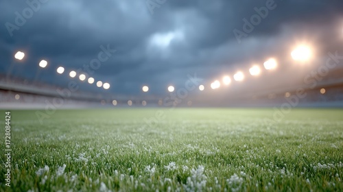 Night Soccer Stadium with Bright Floodlights Illuminating Green Grass Field Under Cloudy Sky