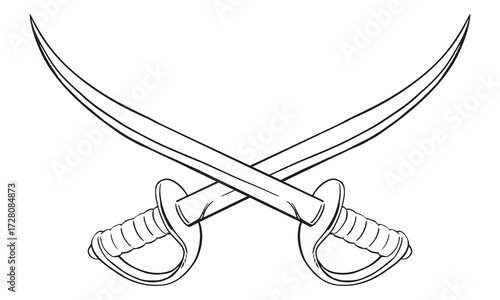 Two crossed curved arabian sword. Cold steel weapon. Vector sketch of pirate sabre. Corsair's broadsword with a narrow blade. Linear drawing on a white background.