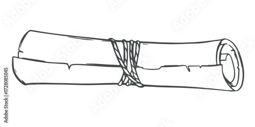 Scroll of old paper on the table. Letter on parchment rolled and tied with a rope. Vector sketch, imitation of engraving. Linear ink drawing of an ancient manuscript.
