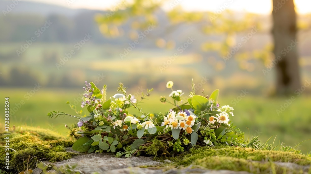 Fototapeta premium Wildflower crown resting on moss at sunset