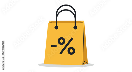 Yellow shopping bag with a large minus sign and percentage symbol, symbolizing a discount or sale, isolated on a white background