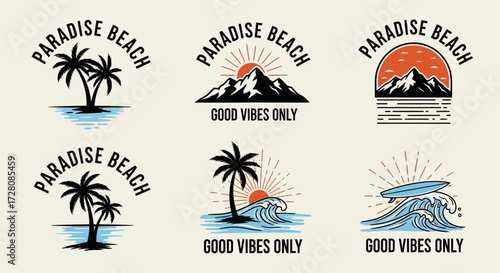 A collection of six vintage-style Paradise Beach and Good Vibes Only logos featuring palm trees, mountains, sun, waves, and a surfboard, ideal for summer and travel themes.