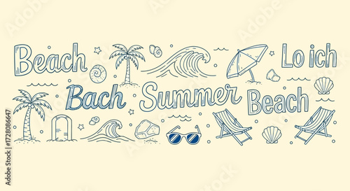 A hand-drawn doodle illustration featuring various summer and beach elements like palm trees, waves, seashells, and beach chairs, with "Beach" and "Summer" text.
